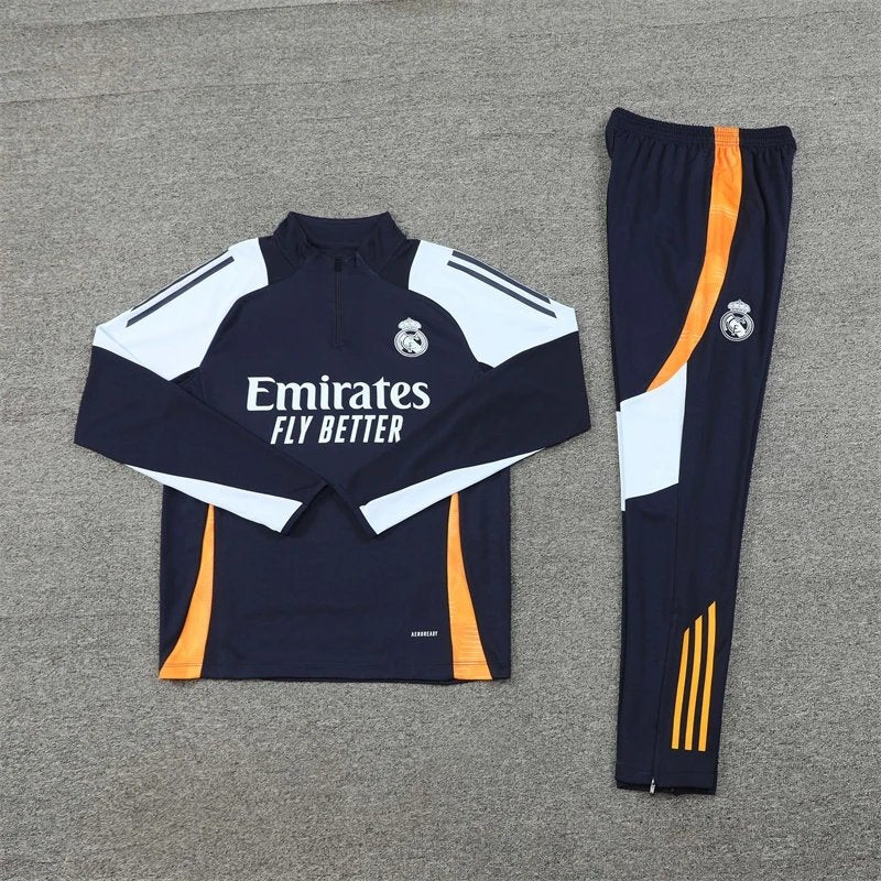 24/25 Real Madrid Dark Blue Light Orange Shoulder Training Tracksuit